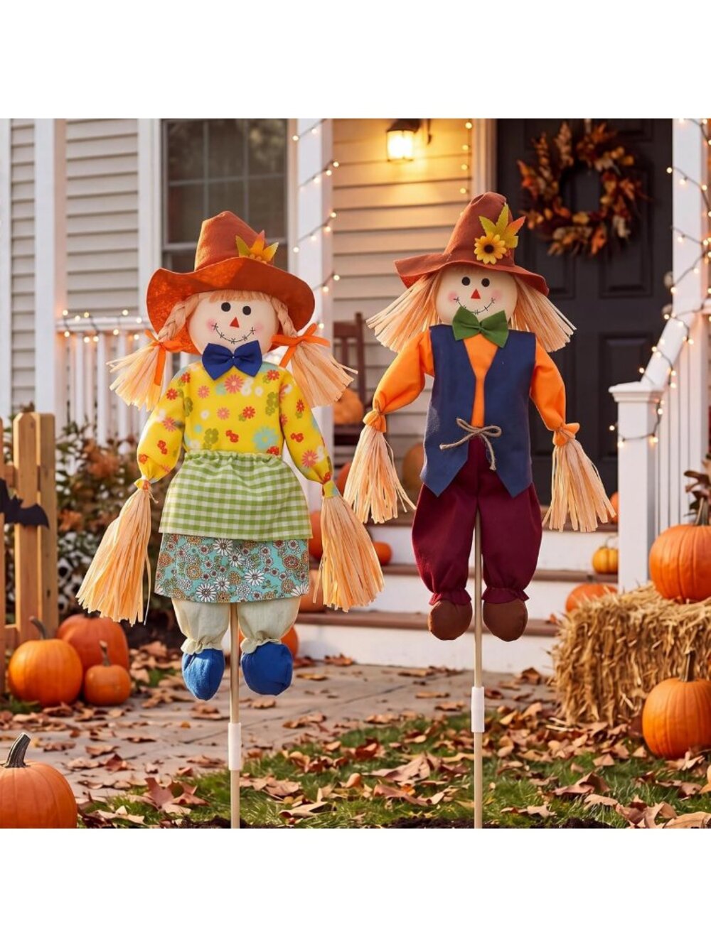 Set of 2 Fall Scarecrow Decorations - 27'' Harvest Outdoor Decor, Bright